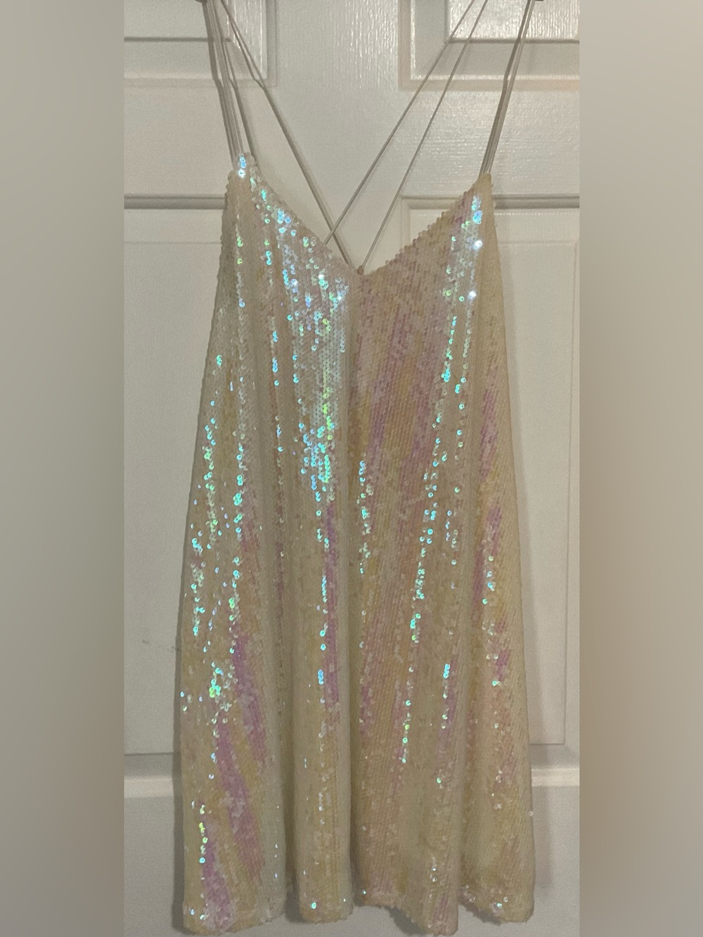 L'ATISTE Iridescent Sequin Maxi Skirt in Cream with Pale Blue Sheen